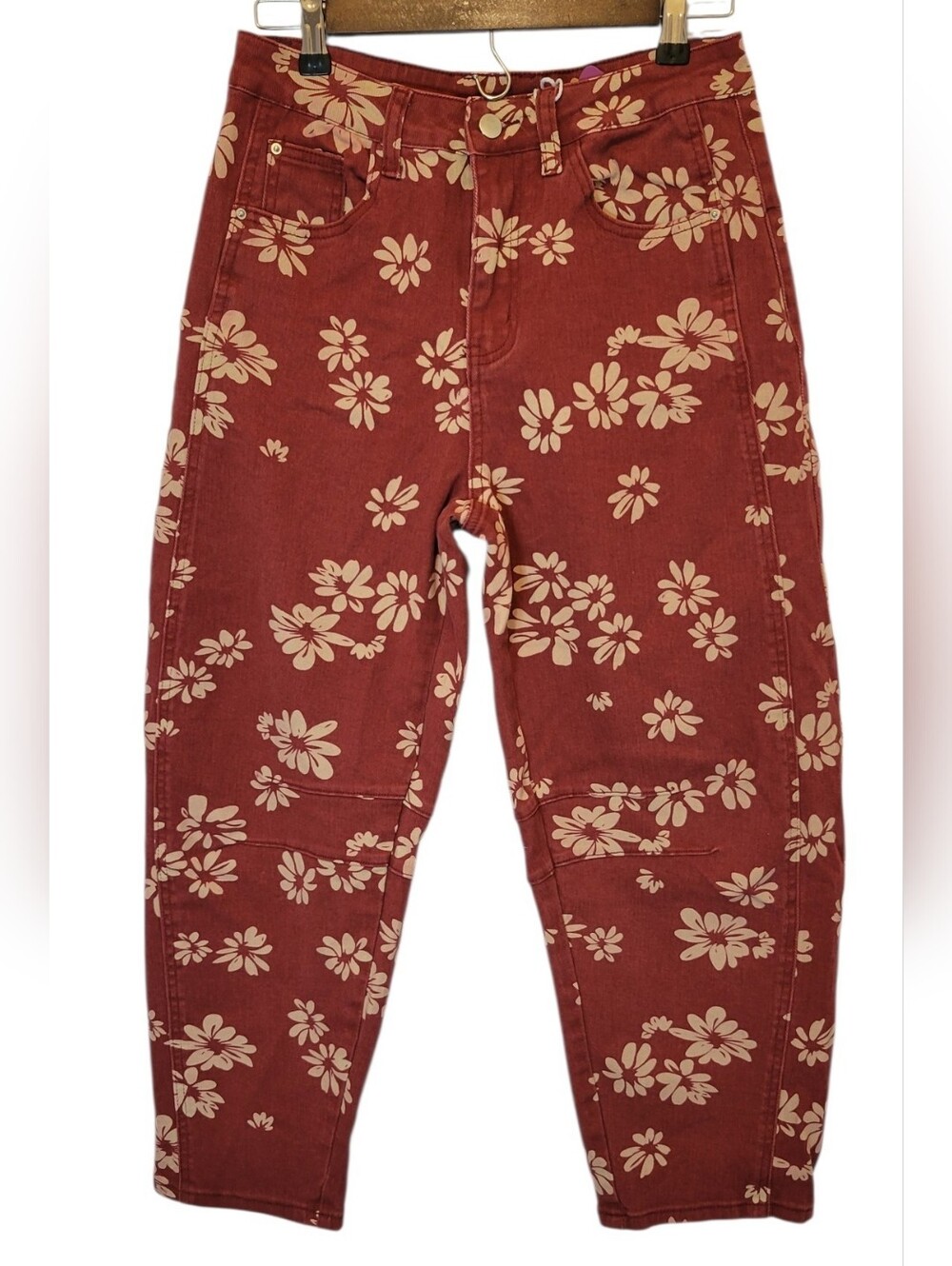 Loveimgs Floral Barrel Leg Jeans Size M Rust Orange Cream Daisy Print Cottagecor - Picture 3 of 9